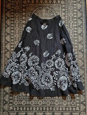 Black Floral Print Women’s A-Line Midi Skirt Cotton